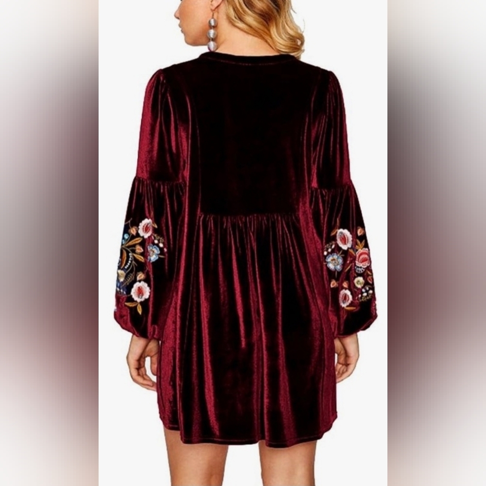 Aofur Smooth Velvet Floral Embroidered Balloon Sleeve Tunic Dress - SIZE SMALL - Picture 3 of 16